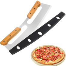 Yuming factory hot selling Pizza Accessories Stainless Steel Pizza Cutter Rocker with Wooden Handles For Kitchen Tools